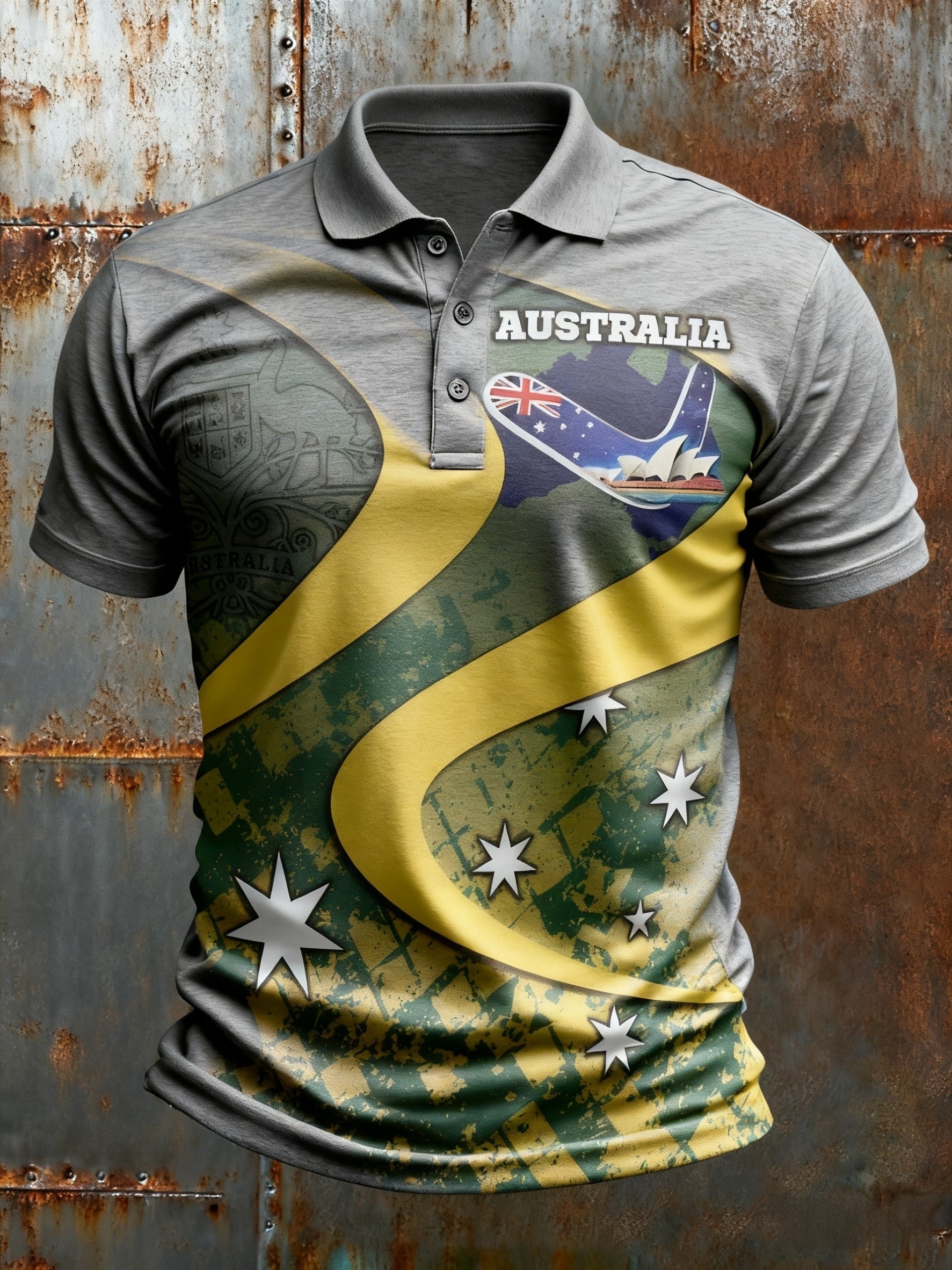 Men's  Vintage Australian Flag Badge Printed Casual Cotton Short Sleeve Polo Shirt