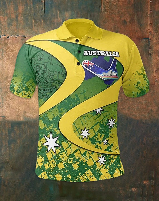 Men's  Vintage Australian Flag  Printed Casual Cotton Short Sleeve Sports Line Polo Shirt