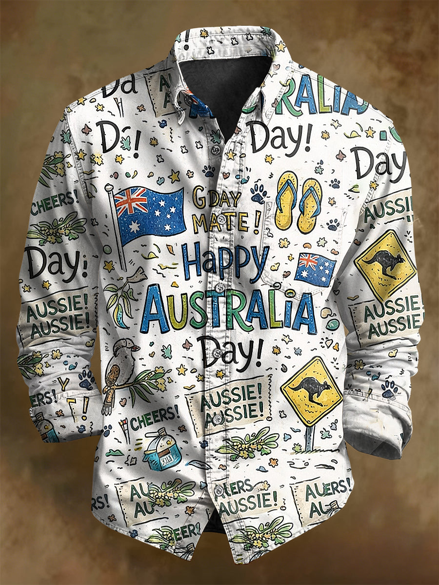 Retro Happy Australia Day  Print Casual Long Sleeve Shirt