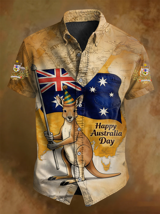 Retro Happy Australia Day  Print Casual Cotton Short Sleeve Pocket Shirt
