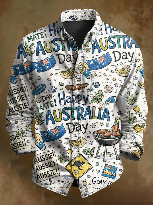 Retro Happy Australia Day  Print Casual Long Sleeve Shirt