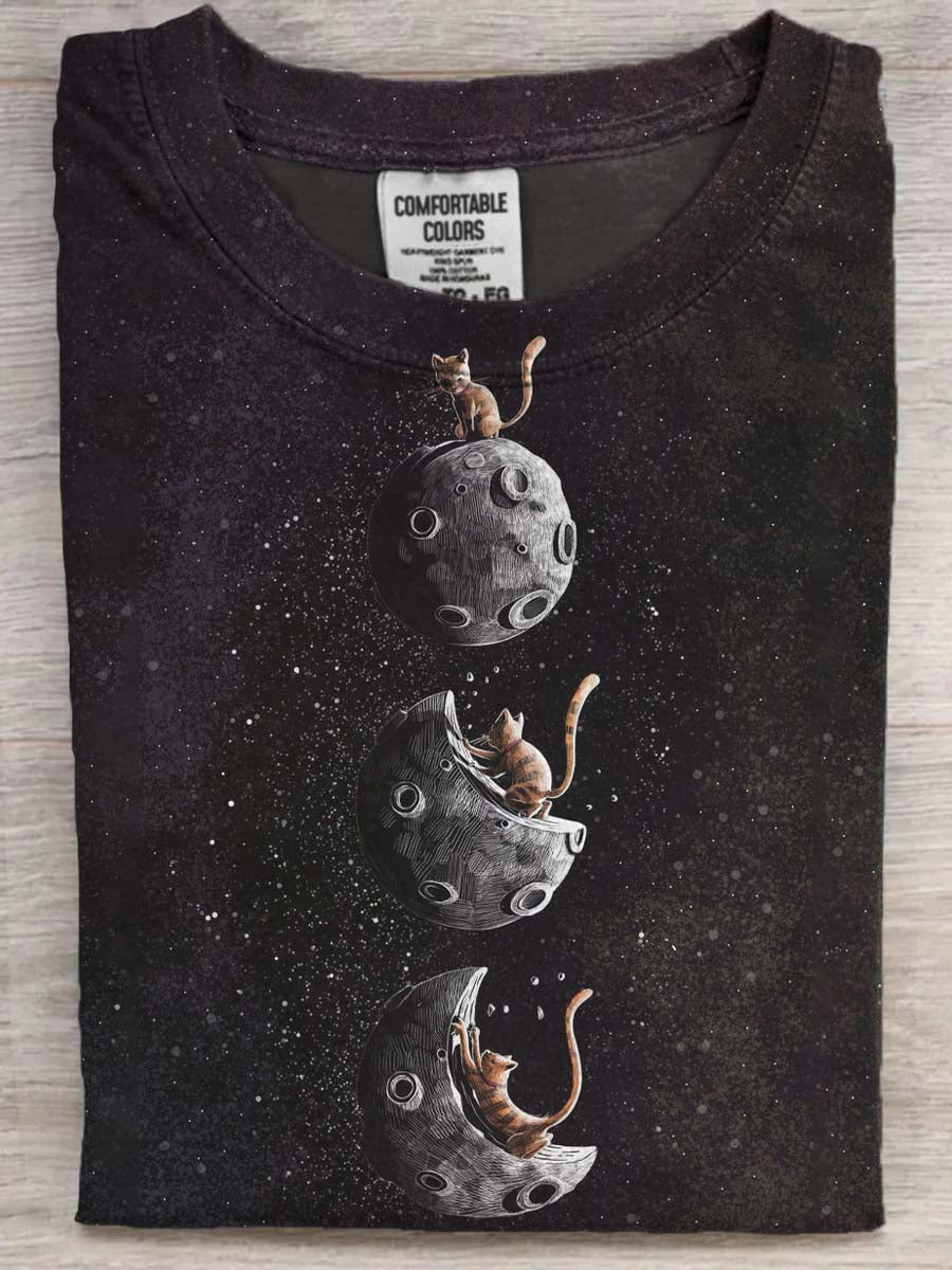 Funny Cat Moon Print Casual Short-Sleeve T-Shirt