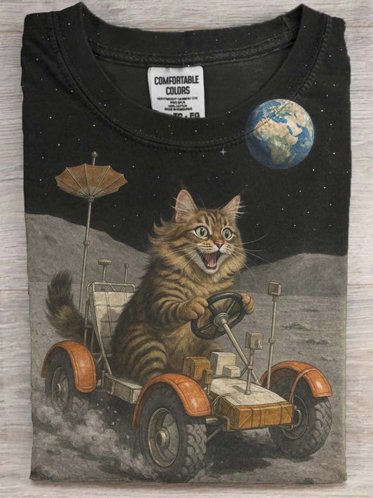 Funny Outer Space Cat Print Casual Short-Sleeve T-Shirt