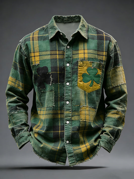 Retro St. Patrick's Day Shamrock Plaid Casual Shirt