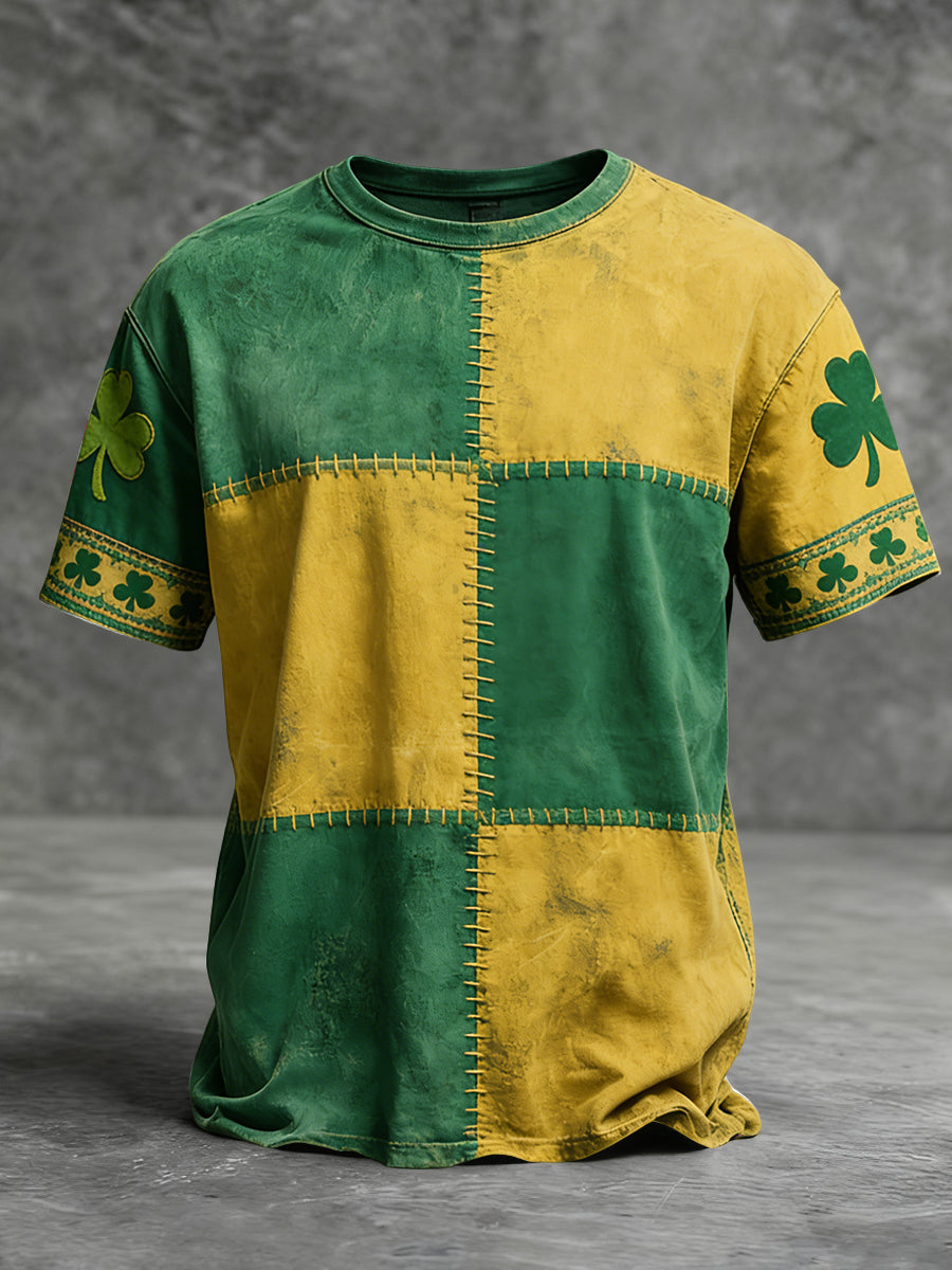 Retro St. Patrick's Day Shamrock Plaid Patchwork Casual T-Shirt