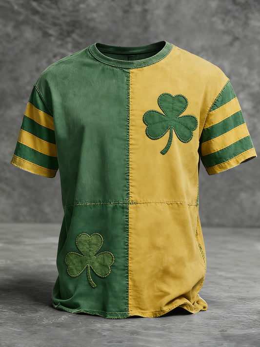 Retro St. Patrick's Day Shamrock Patchwork Casual T-Shirt