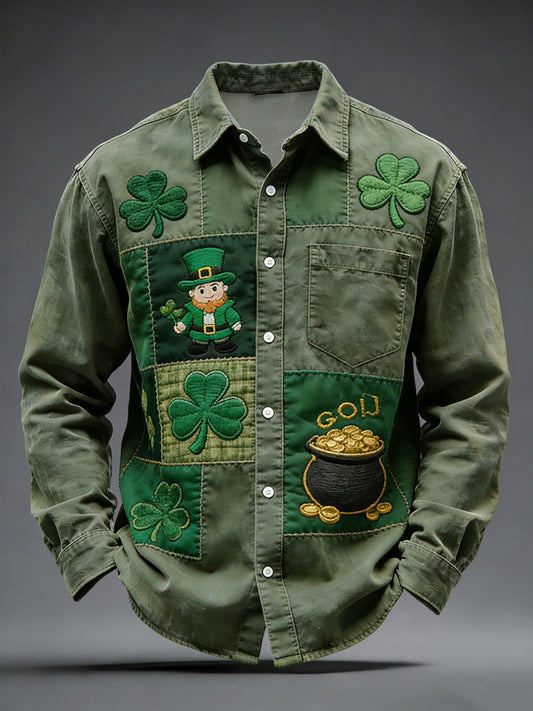 Retro St. Patrick's Day Shamrock Patchwork Casual Shirt