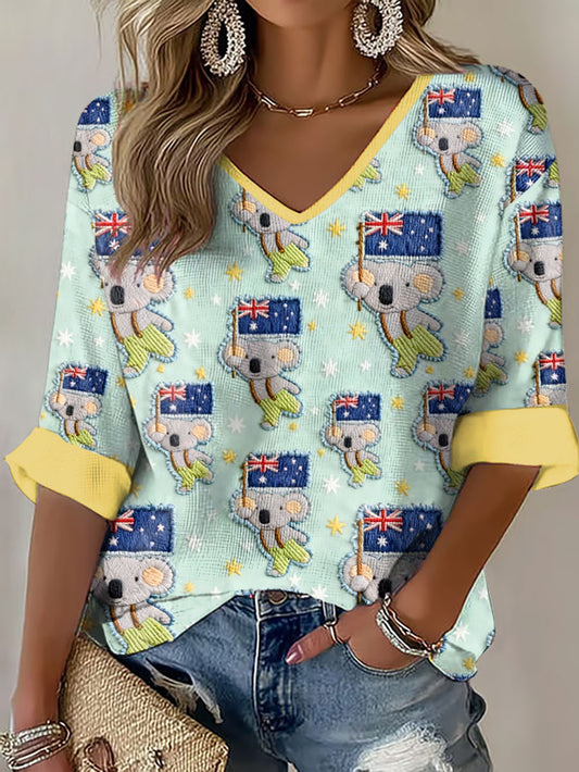 Women's AU Flag Art Australia Day Printed Waffle T-shirt