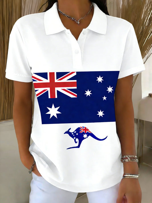 Women's  Vintage Australian Flag Badge Art Printed Casual Short Sleeve Polo Shirt