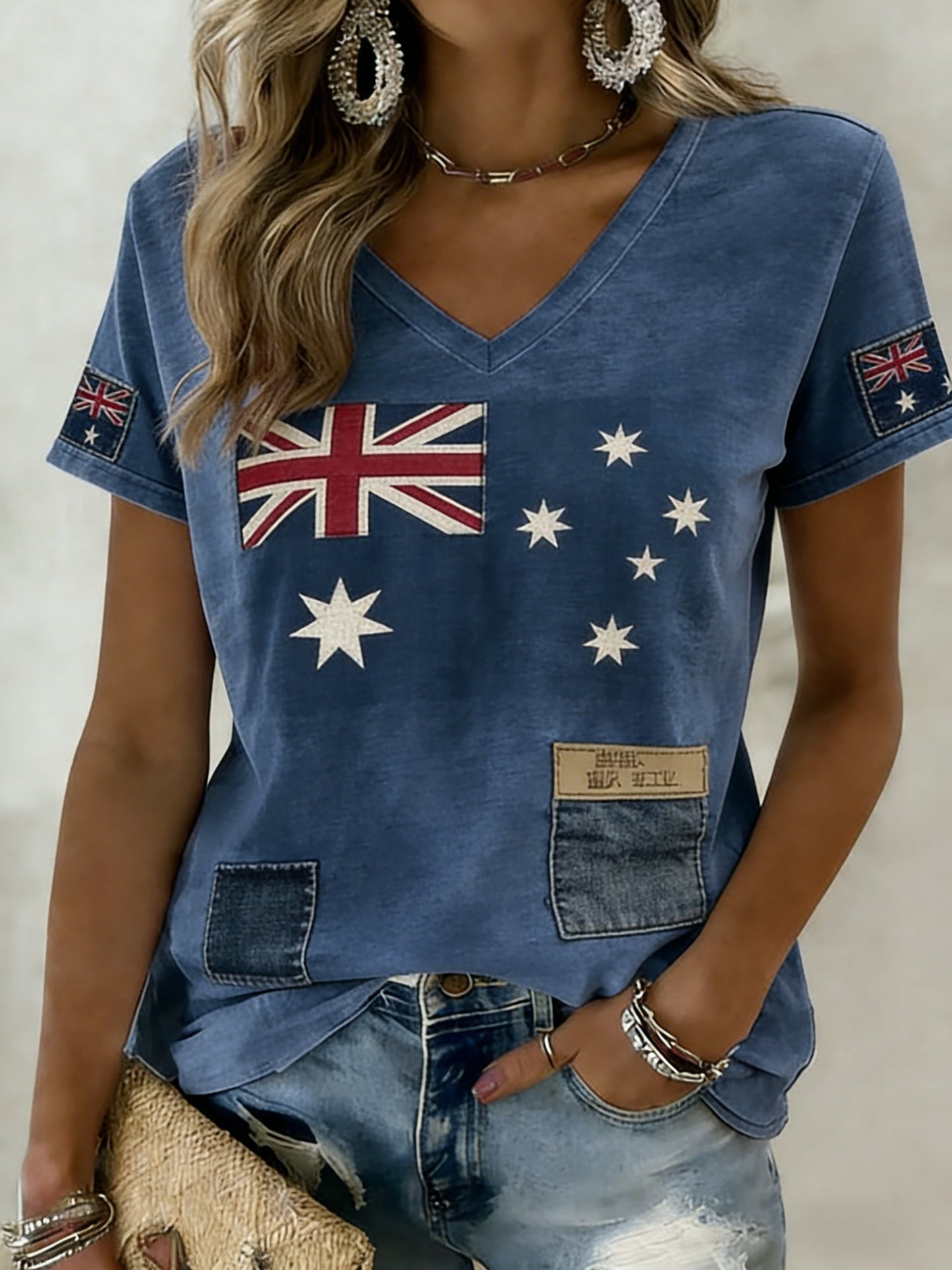 Women's  Vintage Australian Flag Badge Art Print V-Neck Short Sleeve T-Shirt
