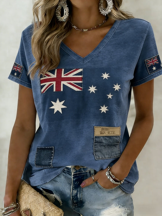 Women's  Vintage Australian Flag Badge Art Print V-Neck Short Sleeve T-Shirt