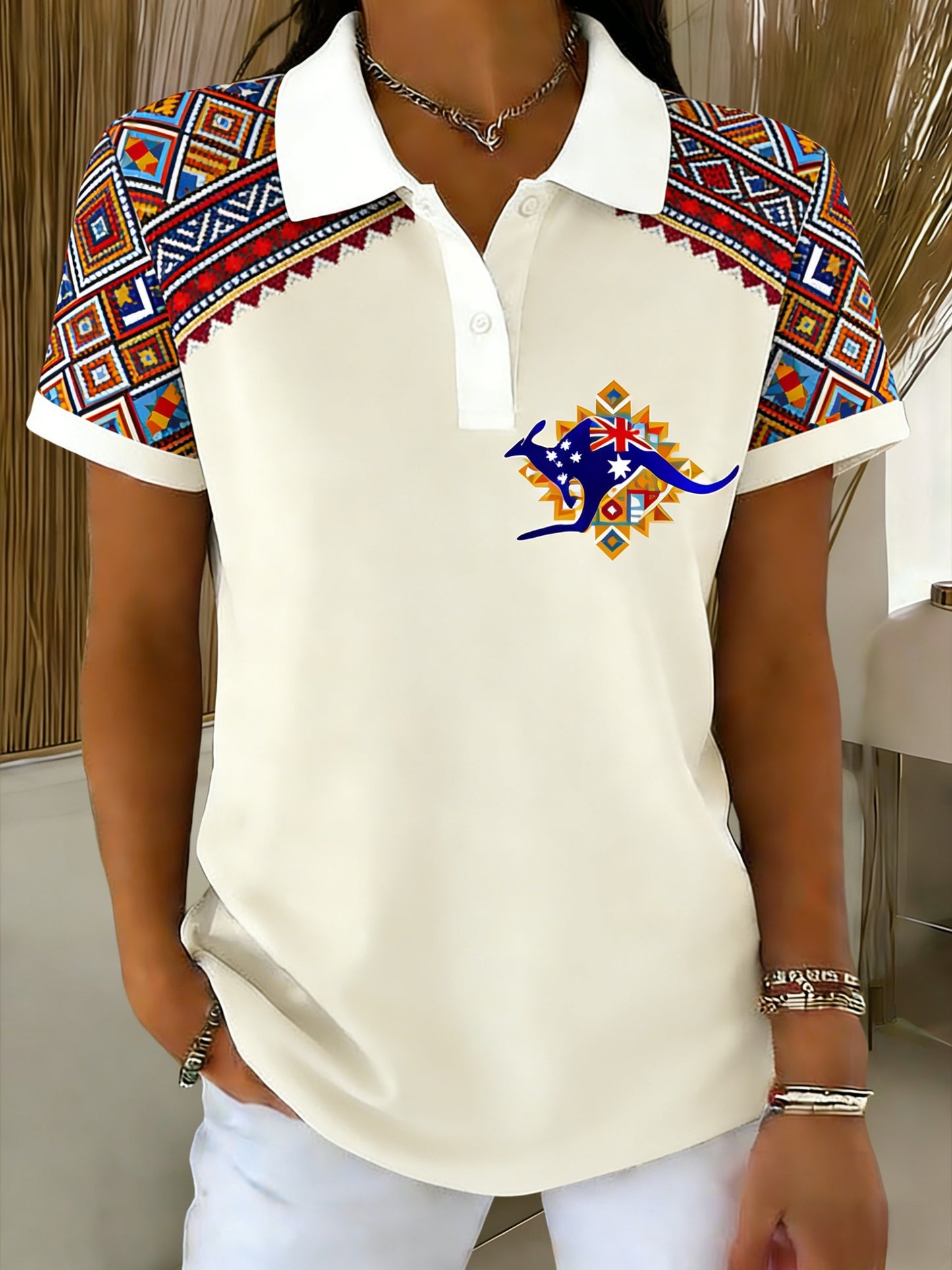 Women's  Vintage Australian Flag Badge Dot Painting Art Printed Casual Short Sleeve Polo Shirt
