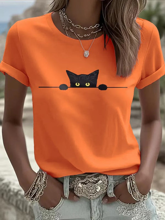 Women's Cat Printed Round Neck T-Shirt