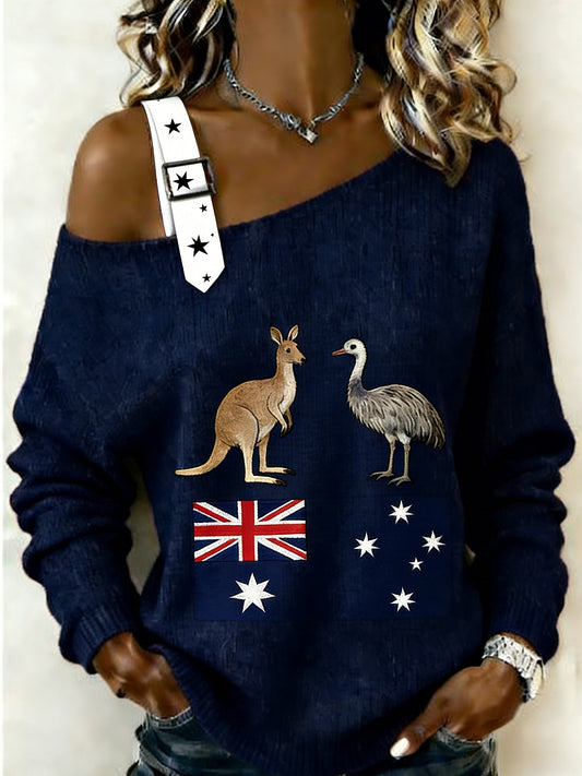 Women's  Retro Australian Flag Badge Casual Off-the-Shoulder Design Long Sleeve T-Shirt