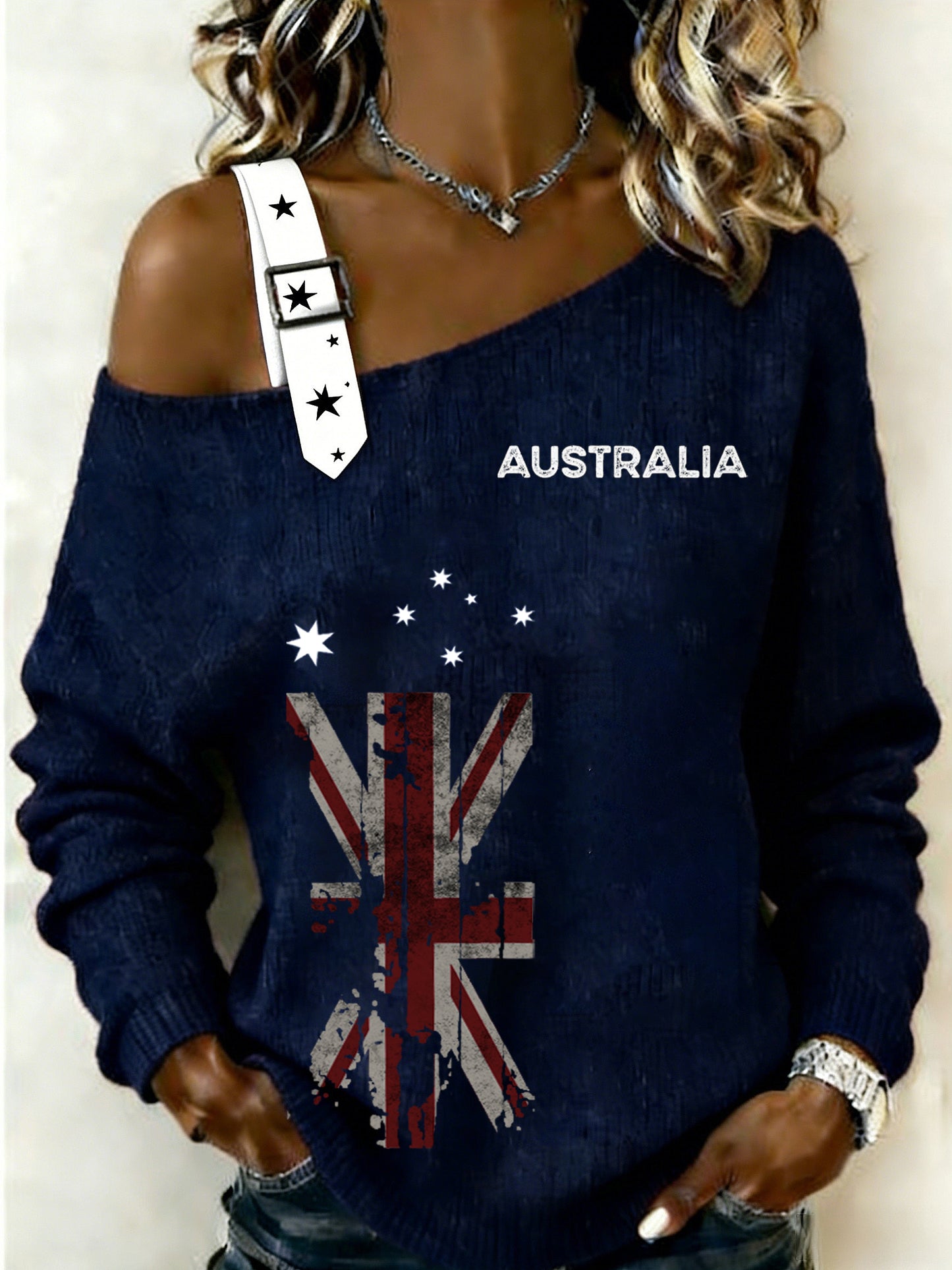 Women's   Retro Australian Flag Badge  Casual Off-the-Shoulder Design Long Sleeve Sweatshirt