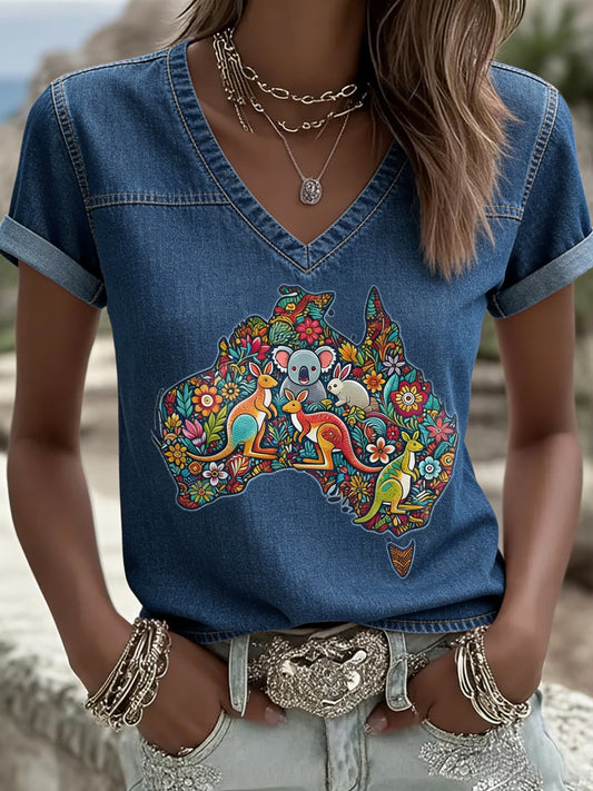 Women's   Vintage Australian Holiday  Casual V-neck Short sleeves T-Shirt