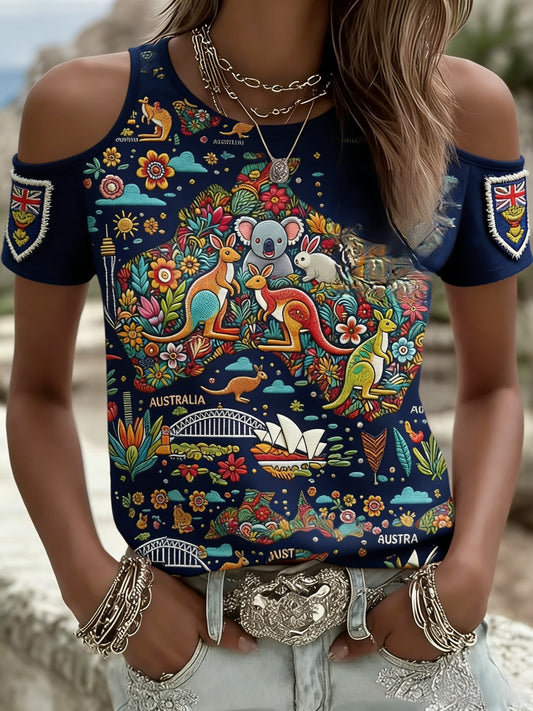 Women's Vintage Australian Holiday  Casual Comfortable Off-the-Shoulder Short Sleeve T-Shirt