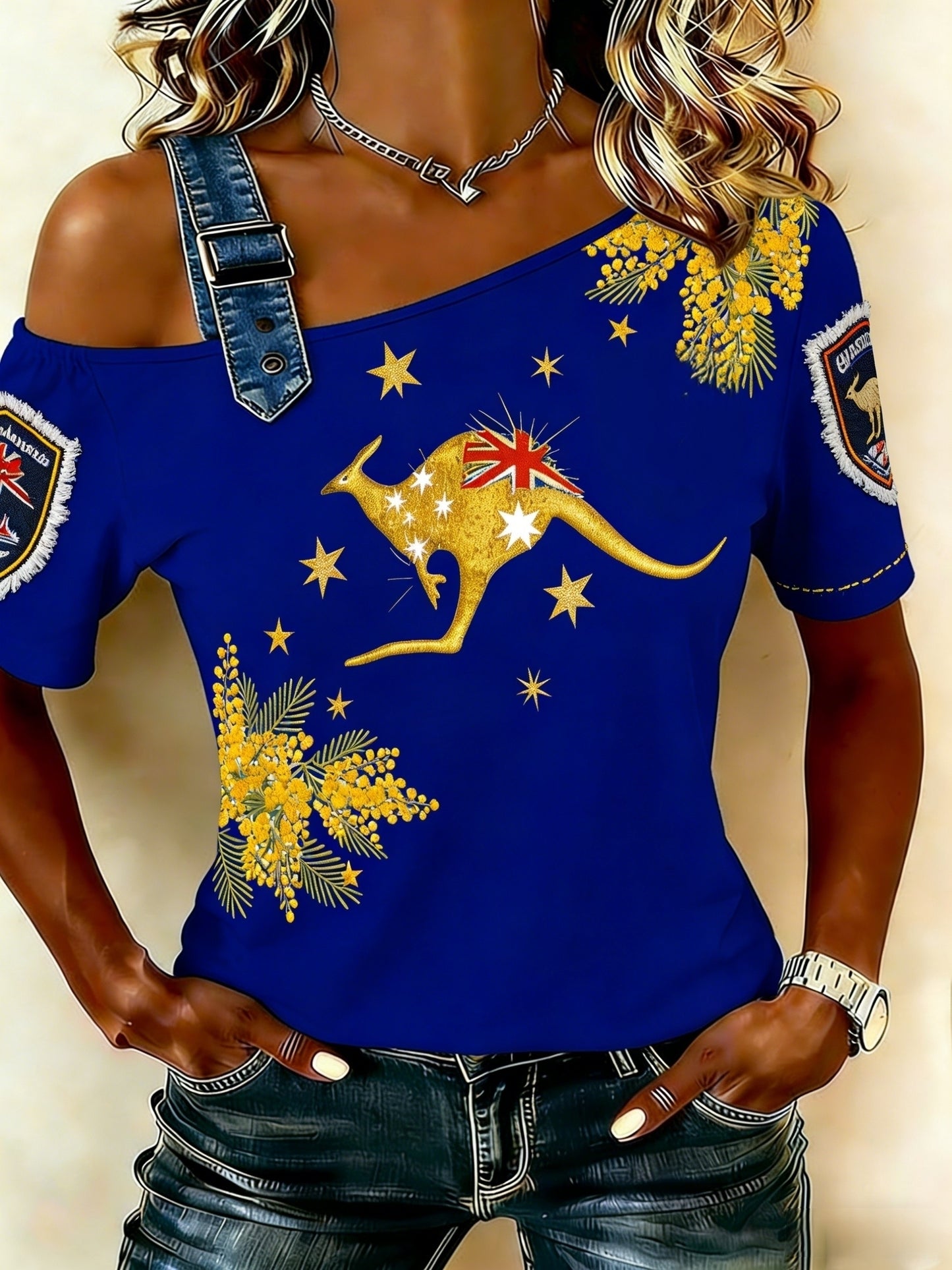 Women's Vintage Australian Holiday Casual Comfortable Off-the-Shoulder Short Sleeve T-Shirt