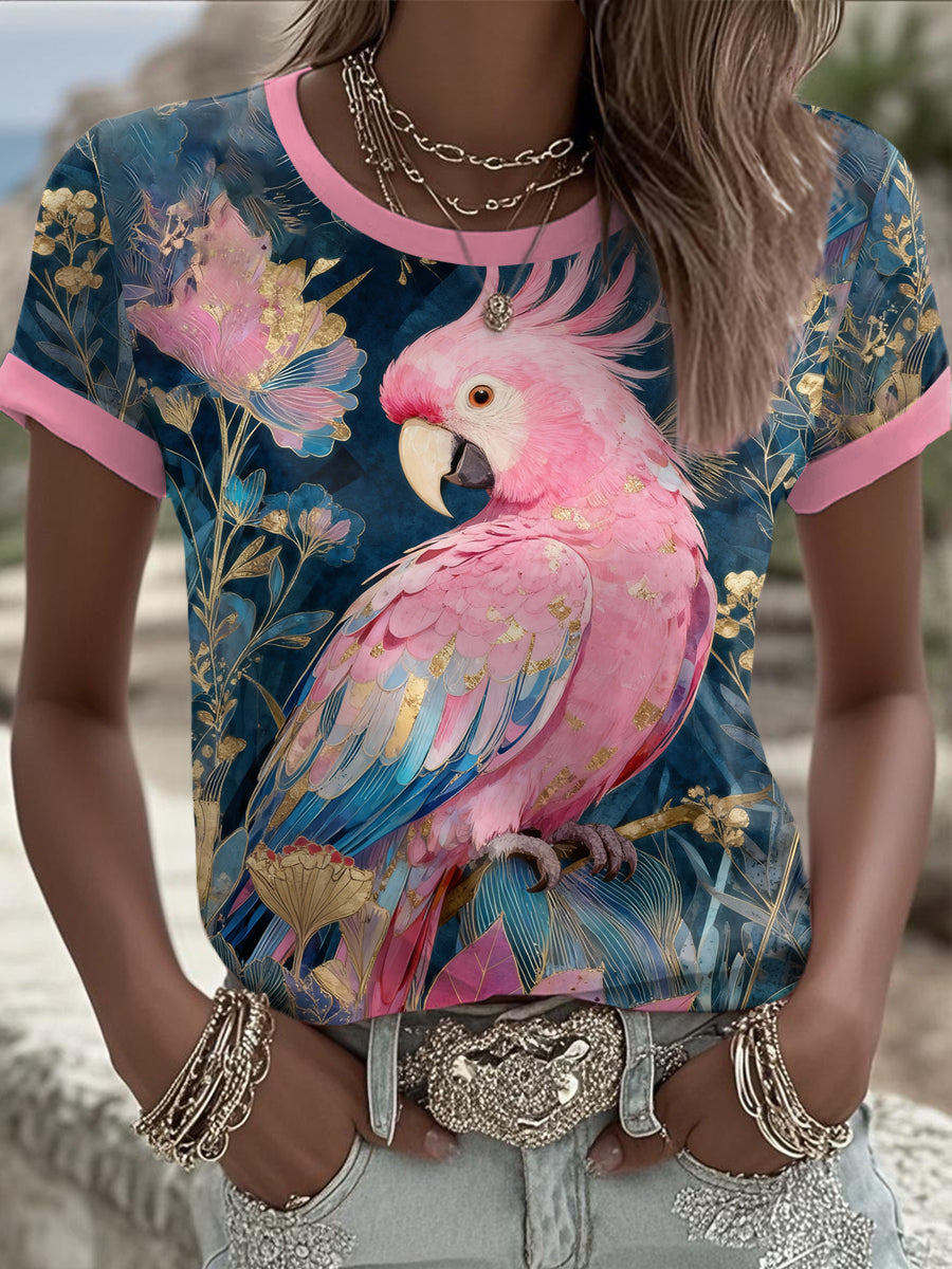 Women's Pink Parrot Art Printed T-shirt