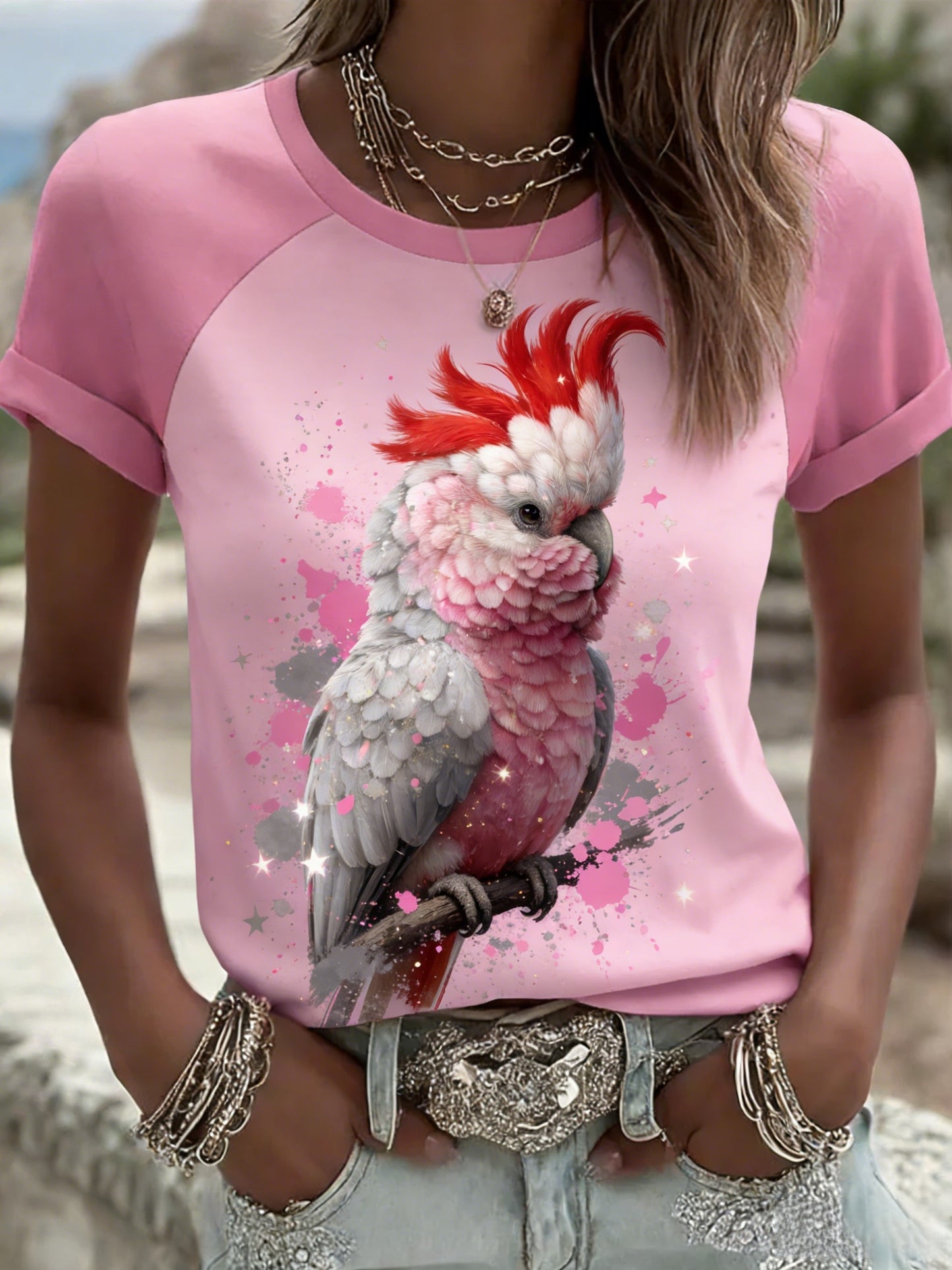 Women's Vintage Aussie Cute Pink Cockatoo Casual Comfortable Short Sleeve T-Shirt