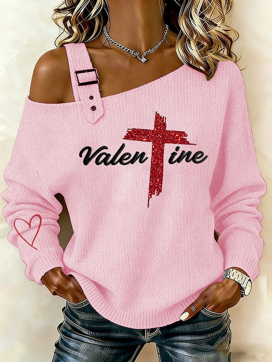 Women's Valentine's Day Faith Cross Casual Off-Shoulder Top