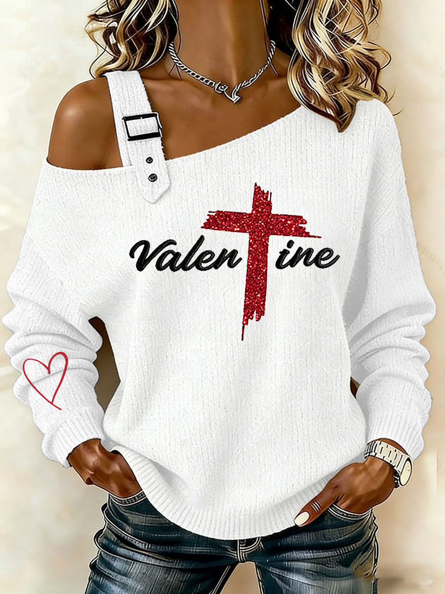 Women's Valentine's Day Faith Cross Casual Off-Shoulder Top