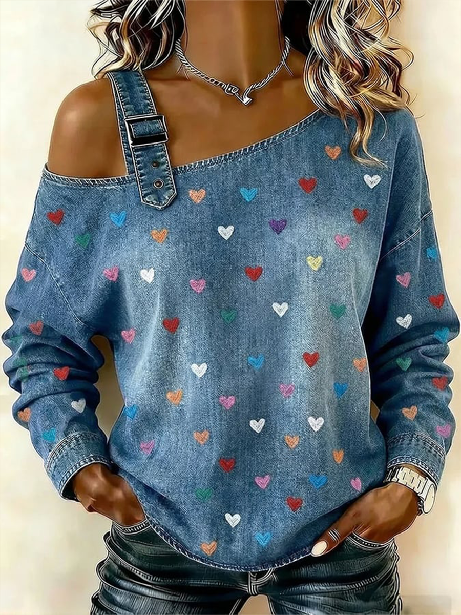 Women’s Valentine's Day Heart Printed Off-shoulder Sweatshirt