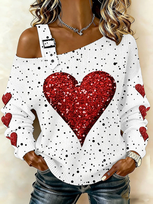 Women's Valentine's Day Love Heart Print Casual Off-Shoulder Top