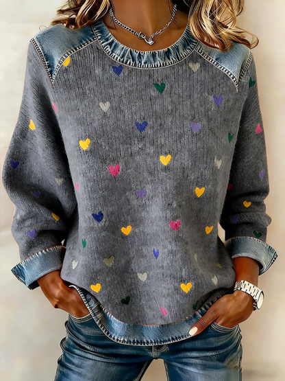 Women's Valentine's Day Heart Denim Patchwork Top