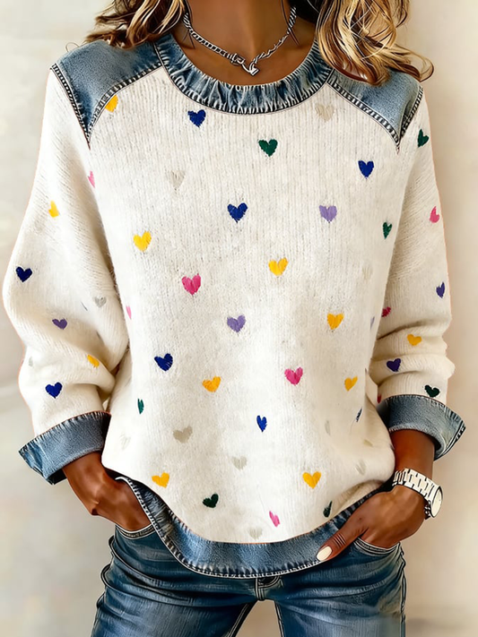 Women's Valentine's Day Heart Denim Patchwork Top
