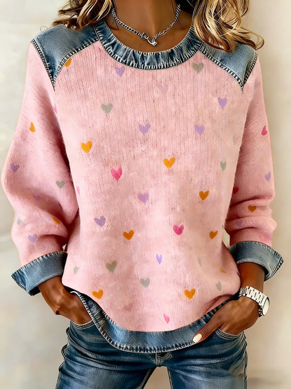 Women's Valentine's Day Heart Denim Patchwork Top