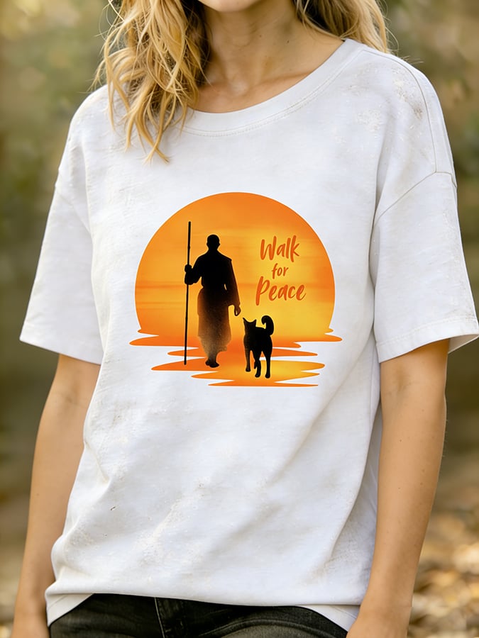 Women's Walk For Peace Monks With Aloka Dog Printed T-shirt