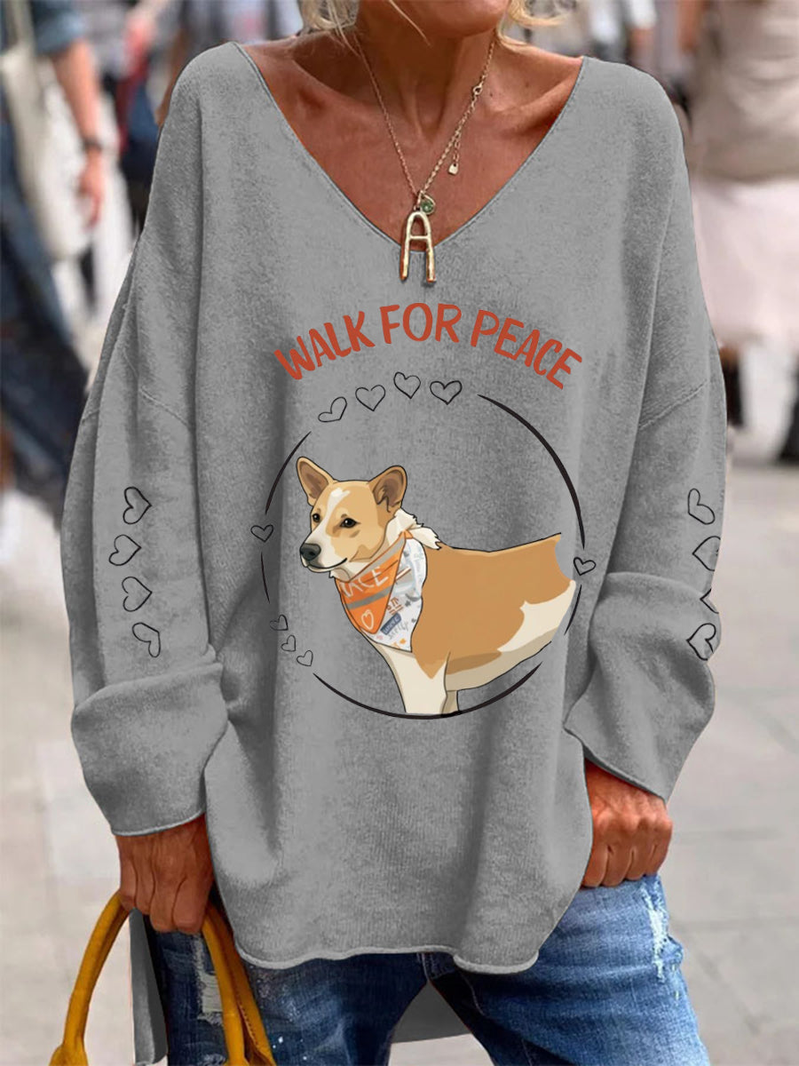 Women's Walk For Peace Printed V-Neck Casual Long Sleeve Shirt