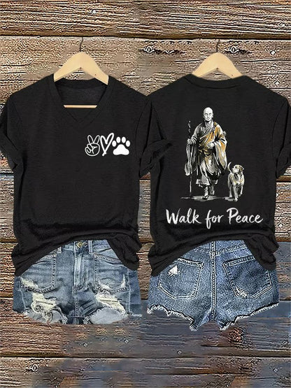 Women's Retro Walk For Peace Monks With Aloka Dog Printed V-neck T-Shirt