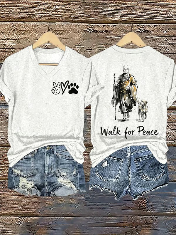 Women's Retro Walk For Peace Monks With Aloka Dog Printed V-neck T-Shirt