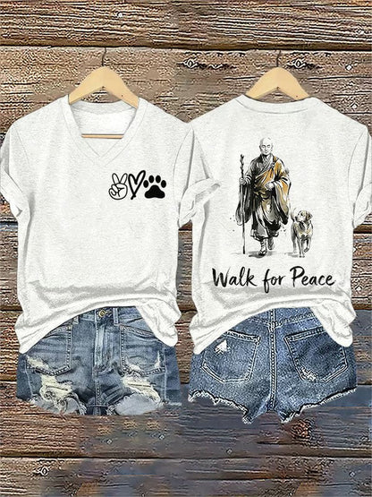 Women's Retro Walk For Peace Monks With Aloka Dog Printed V-neck T-Shirt