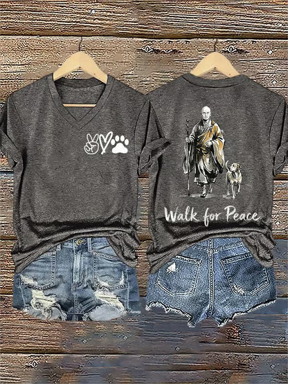 Women's Retro Walk For Peace Monks With Aloka Dog Printed V-neck T-Shirt