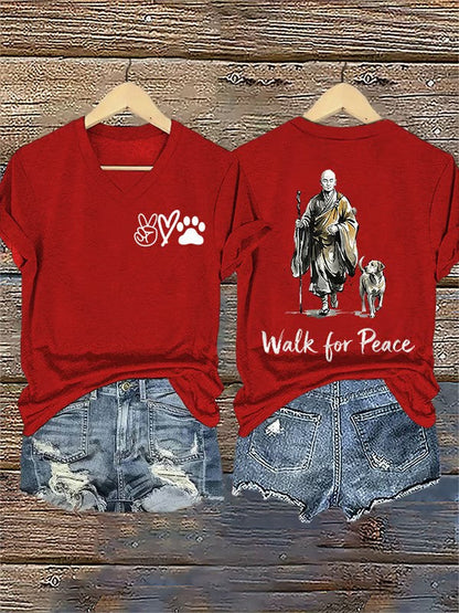Women's Retro Walk For Peace Monks With Aloka Dog Printed V-neck T-Shirt
