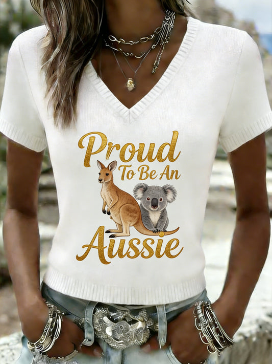 Women's  Vintage Proud To Be An Aussie Casual V-neck Knit Short-Sleeve T-Shirt