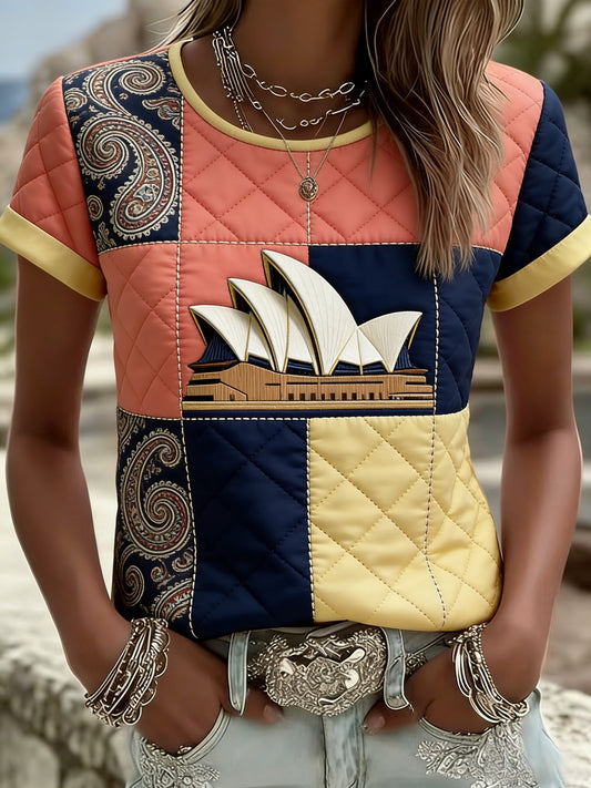 Women's  Vintage Australian Holiday Patchwork Art Casual Short Sleeve T-Shirt