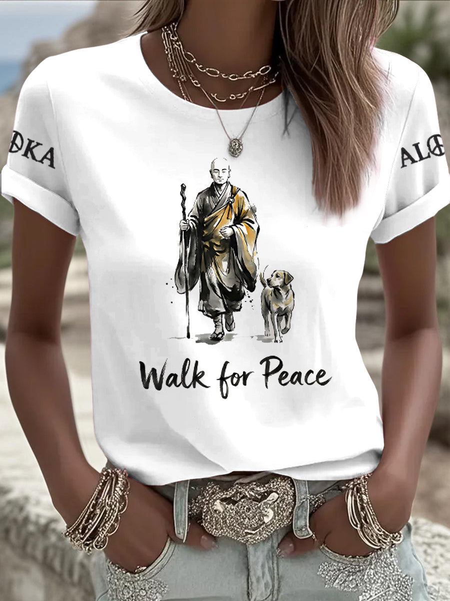 Women's Vintage “Walk For Peace” Abstract Casual T-Shirt