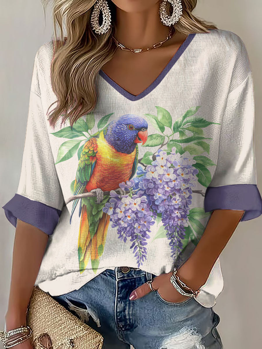 Women's Australia Art Canberra Day Rainbow Lorikeet Printed Waffle Tops