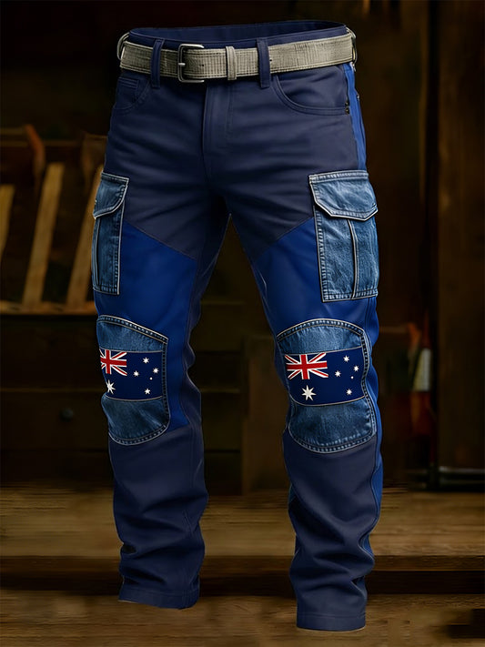 Men's Retro Australian Flag Badge Business Style Casual Work Trousers