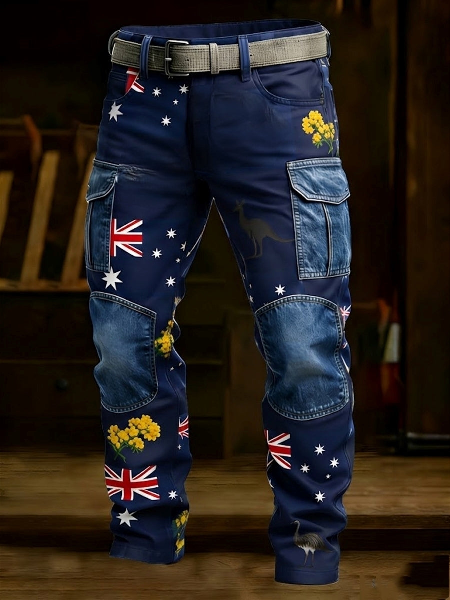 Men's Retro Australian Flag Badge Business Style Casual Work Trousers