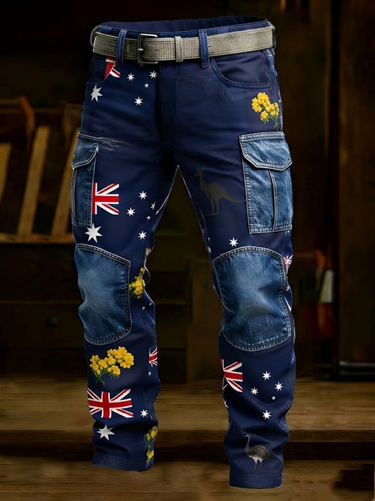Men's Retro Australian Flag Badge Business Style Casual Work Trousers