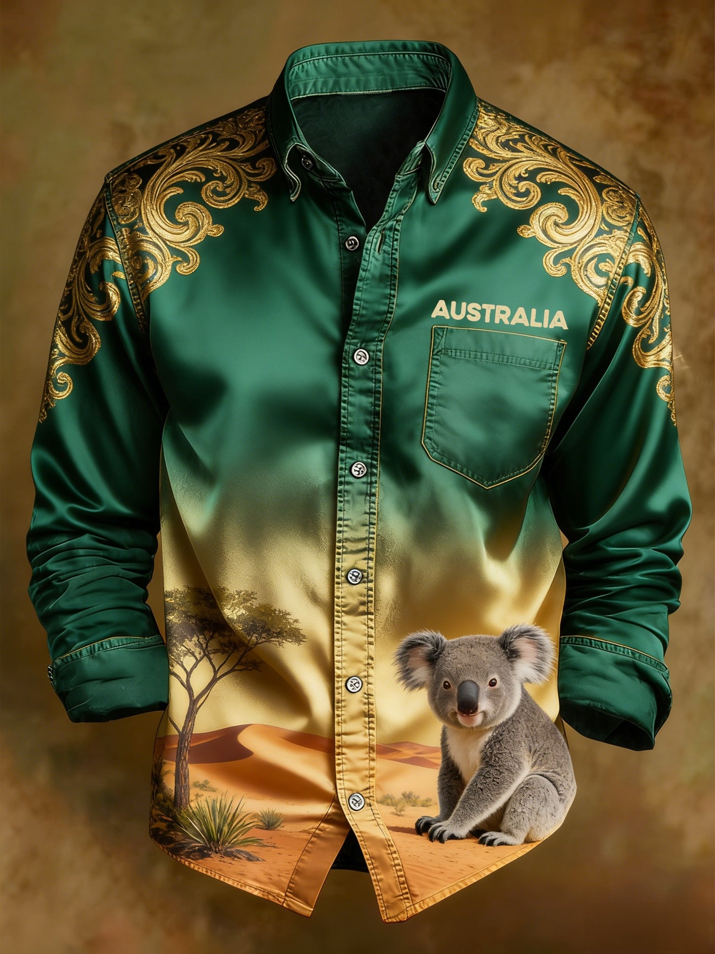 Men's Retro Australian Flag Koala Gradient Art Print Casual Long Sleeve Pocket Shirt