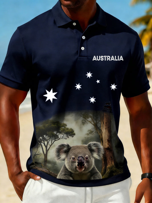 Men's Vintage Australian Holiday Koala Art Casual Short Sleeve Polo Shirt