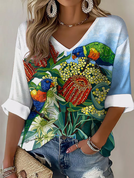 Women's Australia Art Canberra Day Rainbow Lorikeet Printed Waffle Tops