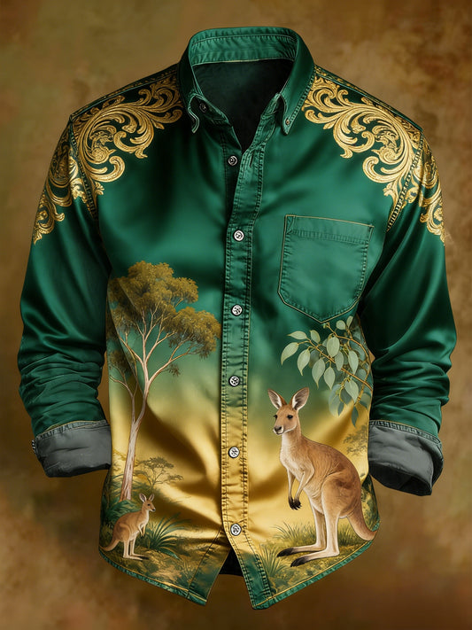 Men's Vintage Australian Holiday  Print Casual Long Sleeve Pocket Shirt
