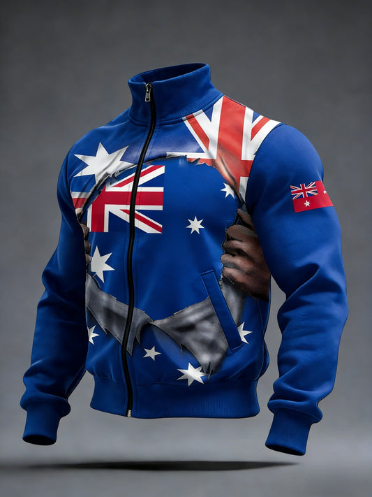 Men's Retro Australian Flag Patch Tear Art Casual Zipper Stand Collar Jacket